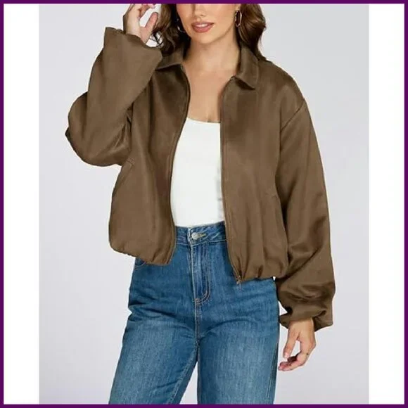 Faux Suede Cropped Bomber Jacket Women's Long Sleeve Zip Up Casual Outerwear